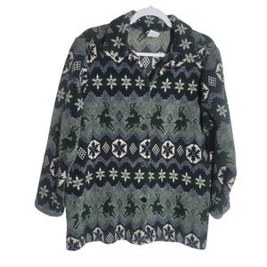 TM Sport Novelty Deer Print Fleece Jacket Womens Sz 6 Small Green Nordic Holiday